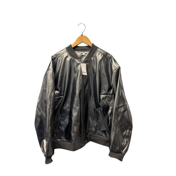 Bar III Plus 3X Silver Foil Faux Leather Bomber Jacket Metallic Moto Biker Disco - Picture 4 of 13